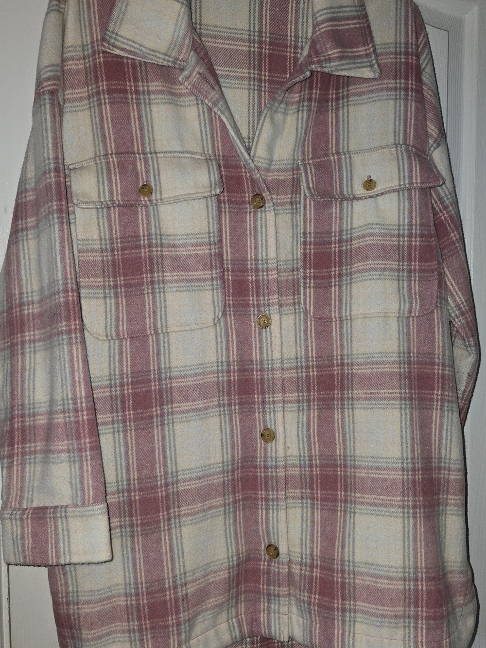 Banana Republic Womens Cream and Dusty Rose Plaid Shirt Jacket